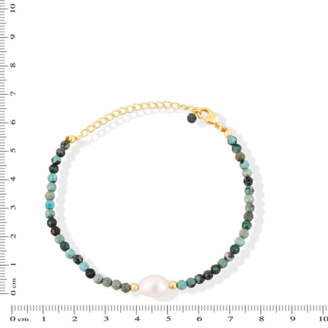 Gempires Chrysocolla Beads with Freshwater Pearl Beaded Bracelet Lightweight Handmade Jewelry Hypoallergenic Gold Plated 7.5 Inch Adjustable Chain