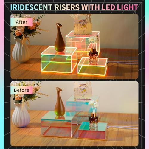 3Pcs Iridescent Acrylic Display Risers with LED light Plug and Play, Lighted Stackable Acrylic Cube Boxes Stand with Hollow Bottom for Figures Jewelry Perfume Purse Liquor Food Buffet Riser - color: Iridescent-LED light-3pcs