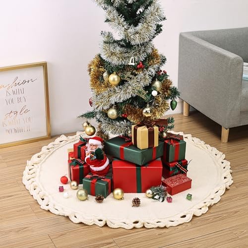 Mr. Pen- Christmas Tree Skirt, 36", Cream Knitted Christmas Skirt Tree