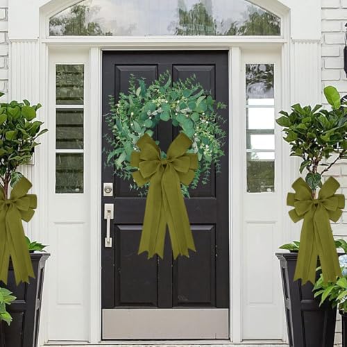 Meseey Double Pack 20X10 Inch Oversized Sage Green Burlap Bows Farmhouse Christmas Tree Topper & All-Weather Wreaths Decor, Heavy Duty Gift Wrapping Accents for Front Door/Cabinet (Sage Green)