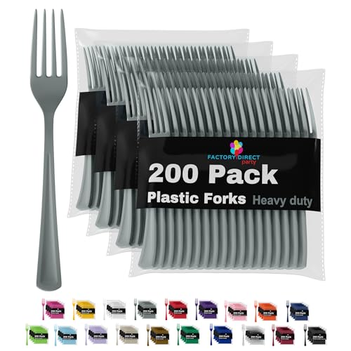 Party Solids 200 Pcs Heavy Duty Plastic Forks - Silver Disposable Flatware, Plastic Silverware - color: Silver