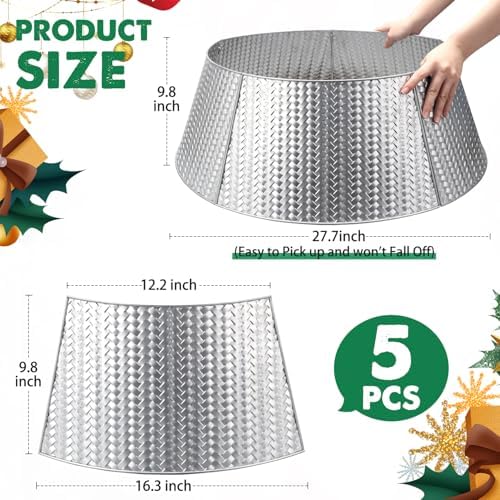EIMMBD Metal Christmas Tree Collar, 28 Inch Christmas Tree Collar Basket Skirt for Large Christmas Tree, Artificial Tree Skirt Holiday Christmas Decorations Indoor Outdoor(Silver)