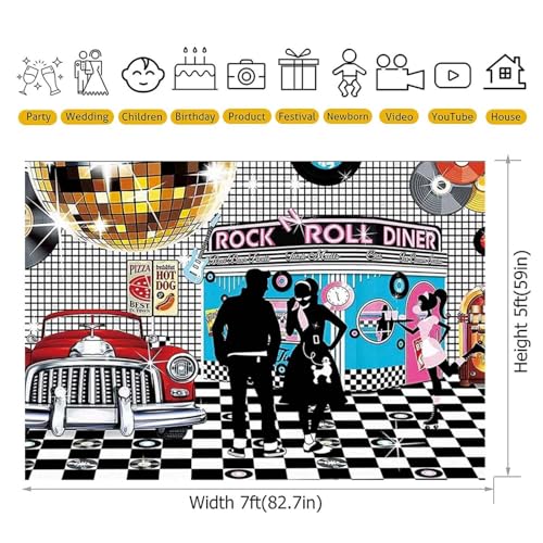 Disco Retro Style Photo Backdrop - 50's Rock Roll Prom Dance Birthday Diner Party Decor - Classic Car Party Decoration Banner, 7x5FT