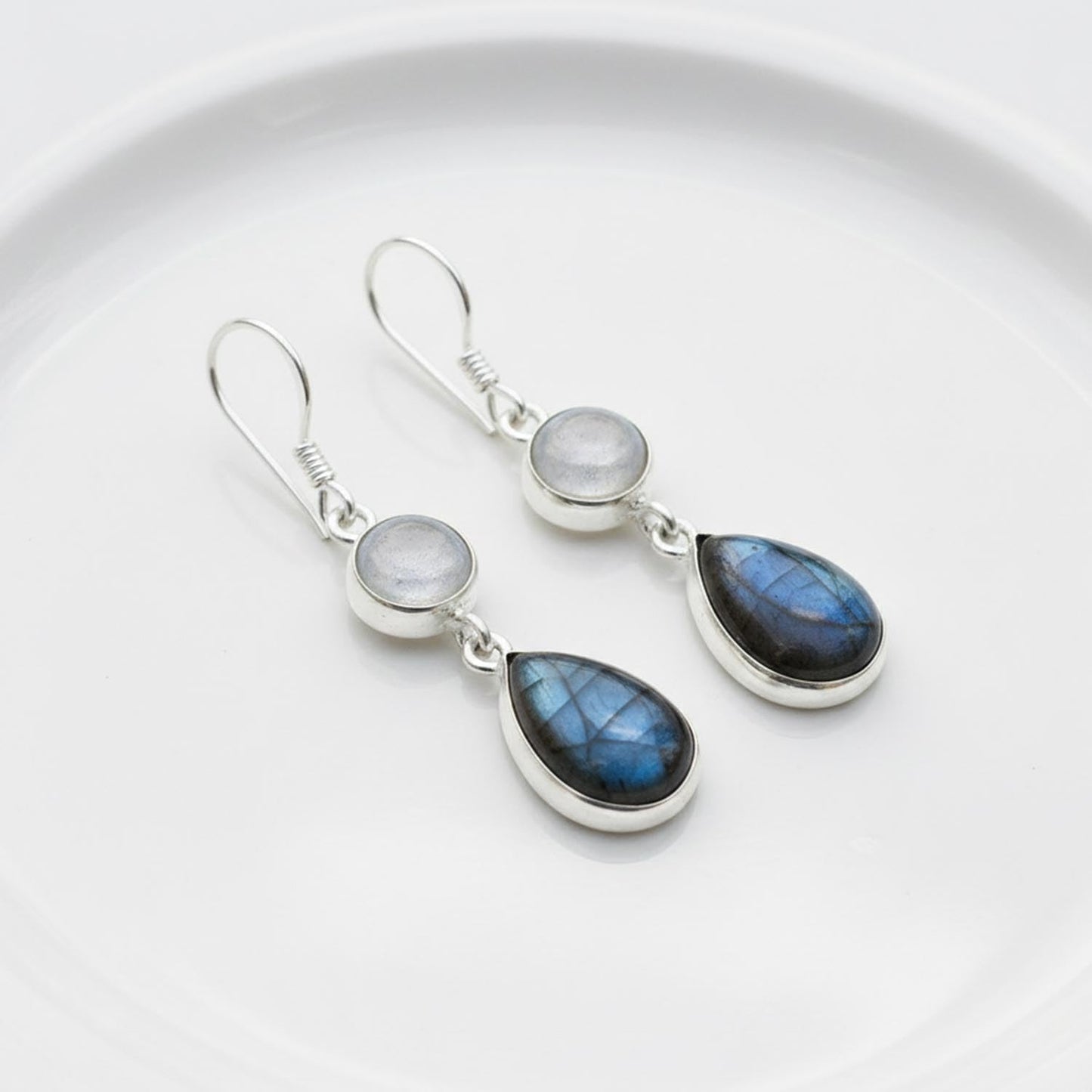 Natural Moonstone and Labradorite Drop Earrings for Women, Sterling Silver, 1.6 Inch Length, 19.45 Carat, Blue and White Gemstones | Gift for Her