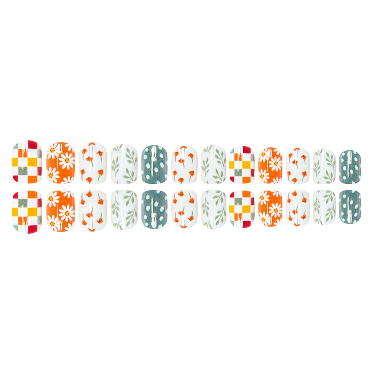 Coloful Spring Press on False Nails Polka Dot Fake Nails Short Square Glue on Nails with Flower Leaf Checkered Designs Glossy Press ons Stick on Nail for Women Manicure 24Pcs
