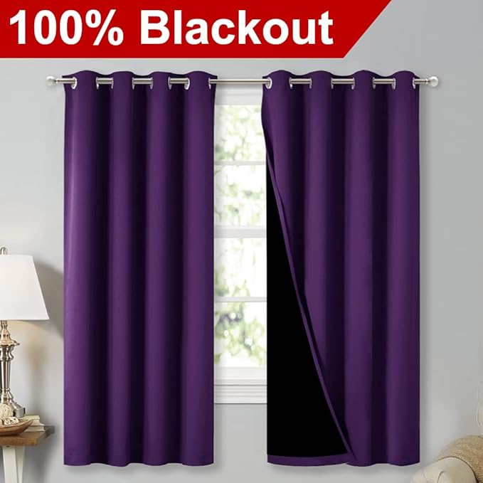 NICETOWN Extra Long Truly Blackout Drapes for Hall and Villa, 46-inch Width Each Panel, 45-inch Length, Royal Purple, 2 Pieces, 100% Blackout Window Curtains with Black Lined for Night Shift Worker