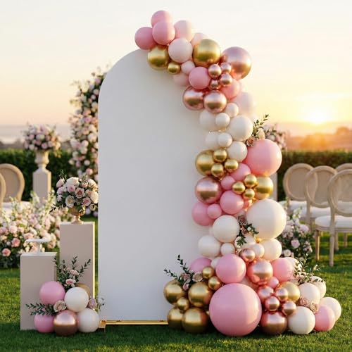 Arch Backdrop Stand and Cover Set, 6 x 2.6FT Gold Metal Wedding Arch for Ceremony, Heavy Duty Balloon Arch Stand with White Spandex Cover for Birthday Party, Baby Shower, Graduation, Event Decor - size: 6 FT