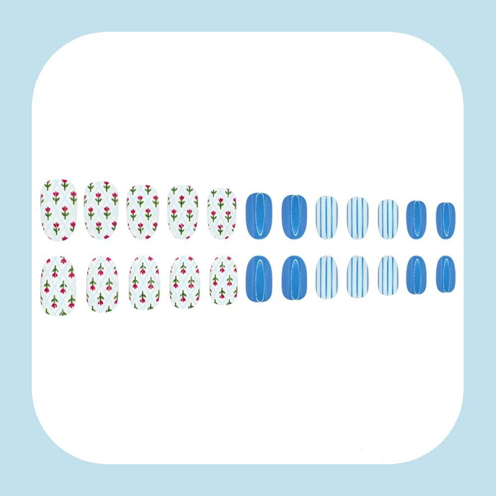 WLGDLH Blue Press on Nails Short Oval Fake Nails, Summer False Nails Press ons Nail Art Tips with Red Flower Stripes Design, White Glossy Finish Glue on Nails Stick on Nail for Women Manicure 24 Pcs