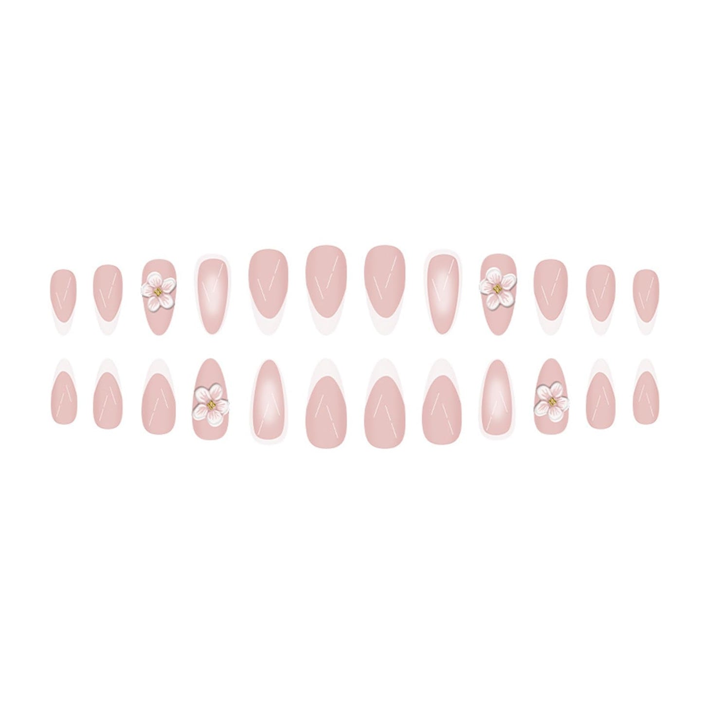 24Pcs 3D Embossed Flower Press on Nails Medium Almond Fake Nails white French Tip with Gold Pearl Design False Nails Cute Pink Floral Glossy Acrylic Artificial Stick Nails for Women DIY Manicure 24Pcs