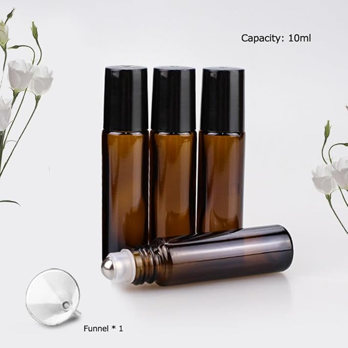 sungwoo 6 Pack Essential Oil Roller Bottles, 10ml Amber Glass Roller Bottles with Stainless Steel Roller Balls and Caps for Travel, Perfume and Lip Gloss