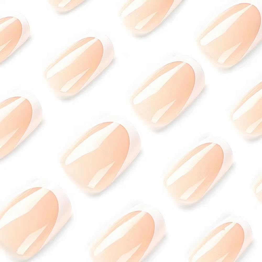 French Tip Press on Nails White Fake Nails Short Square False Nail Nude Glue on Nails Glossy Acrylic Full Cover Stick on Nail for Women DIY Nail Art Decoration 24pcs