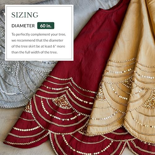 Balsam Hill Elizabeth Beaded Christmas Tree Skirt - Cranberry, Silver & Gold Luxury Tree Skirts with Hand-Applied Beads for Tree Decor, Silver, 60"