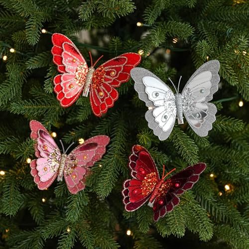 LEBETE Pack of 3 Double Layer Butterfly Christmas Tree Clips Accessory Elegant Fabric Ornaments for Holiday Decorations