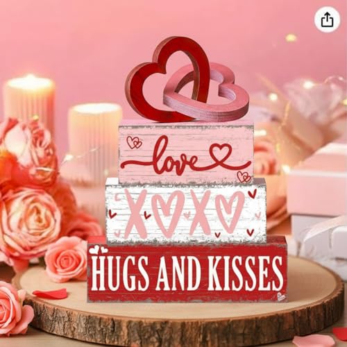 GlikCeil 4 Pcs Valentine's Day Table Sign Tiered Tray Decor Valentine's Day Love Heart Table Wood Block Decorations Centerpieces Farmhouse Rustic Hug and Kisses Decor for Home Office Desk Shelf Supply - style: Love