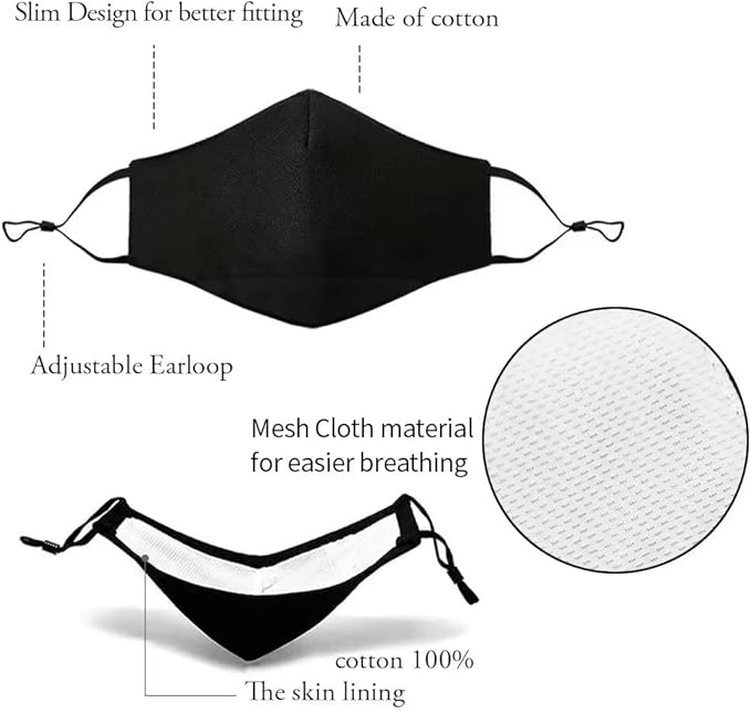 NBDIB Adult Adjustable Face Protection with Filter Pocket and Nose Wire Black Breathable Cloth Mask with 10Pcs Filters