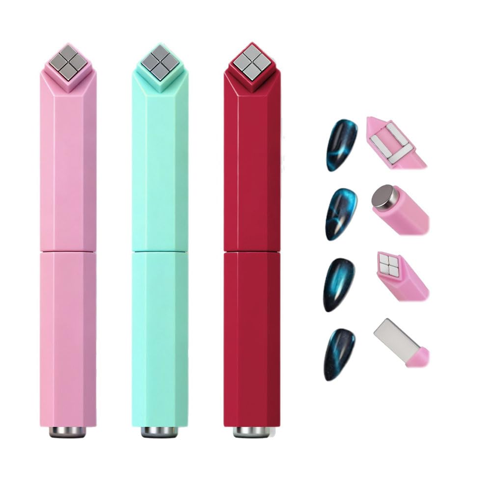 Vantico 3 pcs 4-in-1 Cat Eye Nail Magnet Set, Professional Magnetic Nail Art Tool in Pink, Mint, Red, Multi-Functional Design for Gel Polish