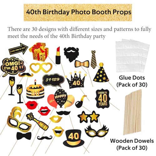 40th Birthday Photo Booth Props, Black Gold Inflatable Photo Booth Frame, 30PCS Photo Booth Props for Party Selfie Party Decorations and Gifts - size: 40th Birthday Inflatable Frame