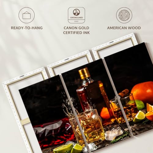 ElephantStock - Citrus Whiskey And Cigar Wall Art - Horizontal Multi Panel Canvas - 3 Piece Living Room Wall Decor - Photography Food And Drink Multi Piece Wall Art - Brown And Gray Decor - 45" x 28" - size: 45L" x 28W"