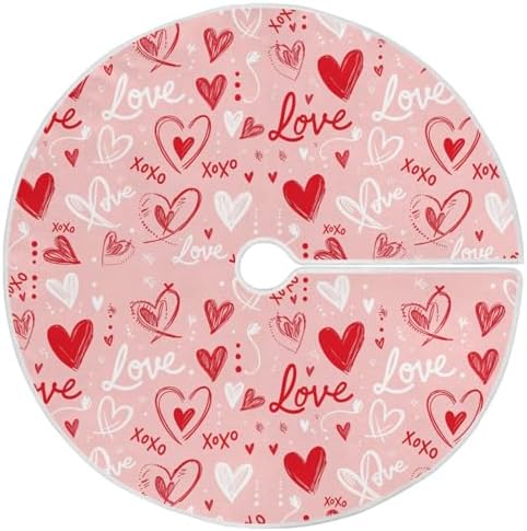 Pfrewn Valentine Tree Skirt 36" Red White Doodle Hearts Christmas Tree Skirts Mother's Day Xmas Mat for Holiday Festival Party Wedding Decor