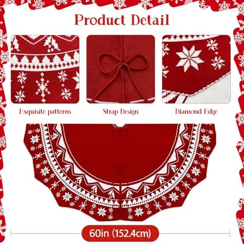 OurWarm Christmas Tree Skirt 60 Inch, Knit Red Tree Skirt with Poinsettia Pattern, Rustic Double-Sided Large Knitted Xmas Tree Skirt for Christmas Tree Indoor Holiday Party Christmas Decorations