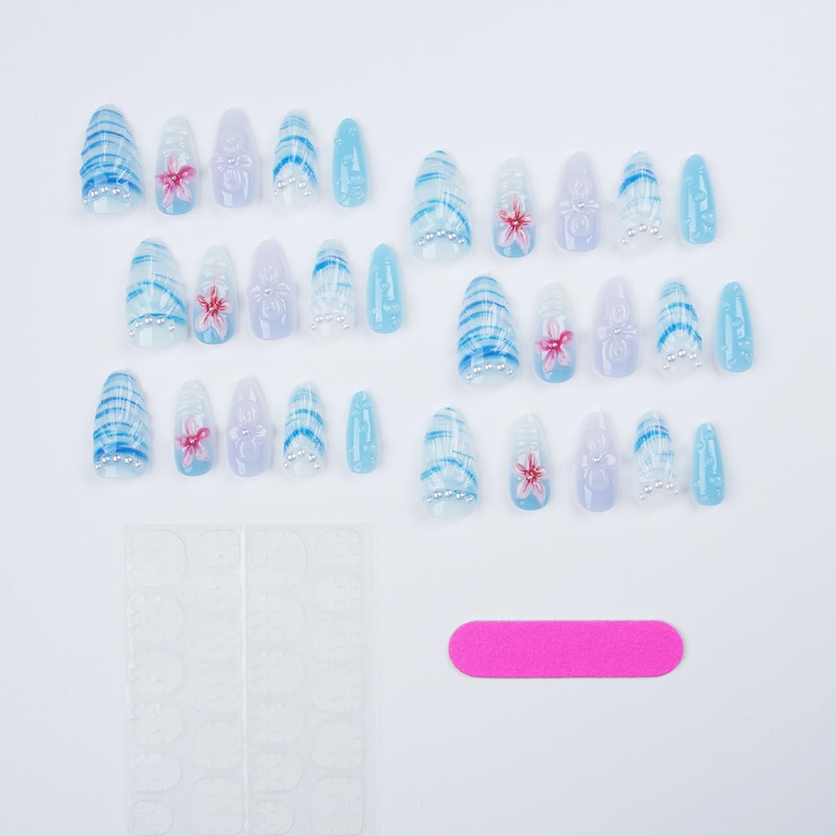 30Pcs Blue Beach Press on Nails Medium Almond Fake Nails 3D Summer Flower with Pearl Press Ons Design Ocean Mermaid False Nails Cute Stick on Nails Reusable Artificial Handmade Nail for Women Acrylic