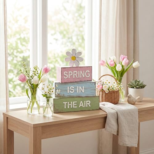 GlikCeil 4 Pcs Spring Table Decoration Daisy Wooden Block Sign Daisy Spring Table Decor Centerpieces Farmhouse Rustic Tiered Tray Tabletop Decor for Home Office Desk Kitchen Shelf Decors - style: Daisy