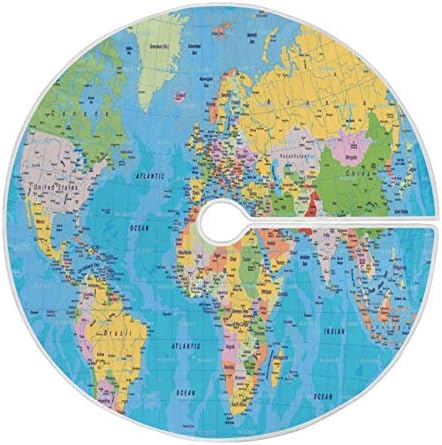 Qilmy Christmas Tree Skirt Large Watercolor World Map Painting Mat Xmas Home Holiday Party Decorations 48inch