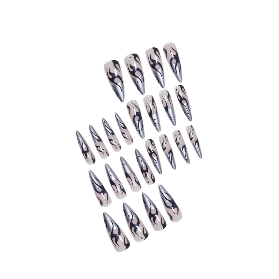 RUOKEXIN Long Stiletto Press on Nails French Tip Fake Nails Silver False Nails with Designs Almond Nail Press ons Sparkly Artificial Nails for Women 24Pcs