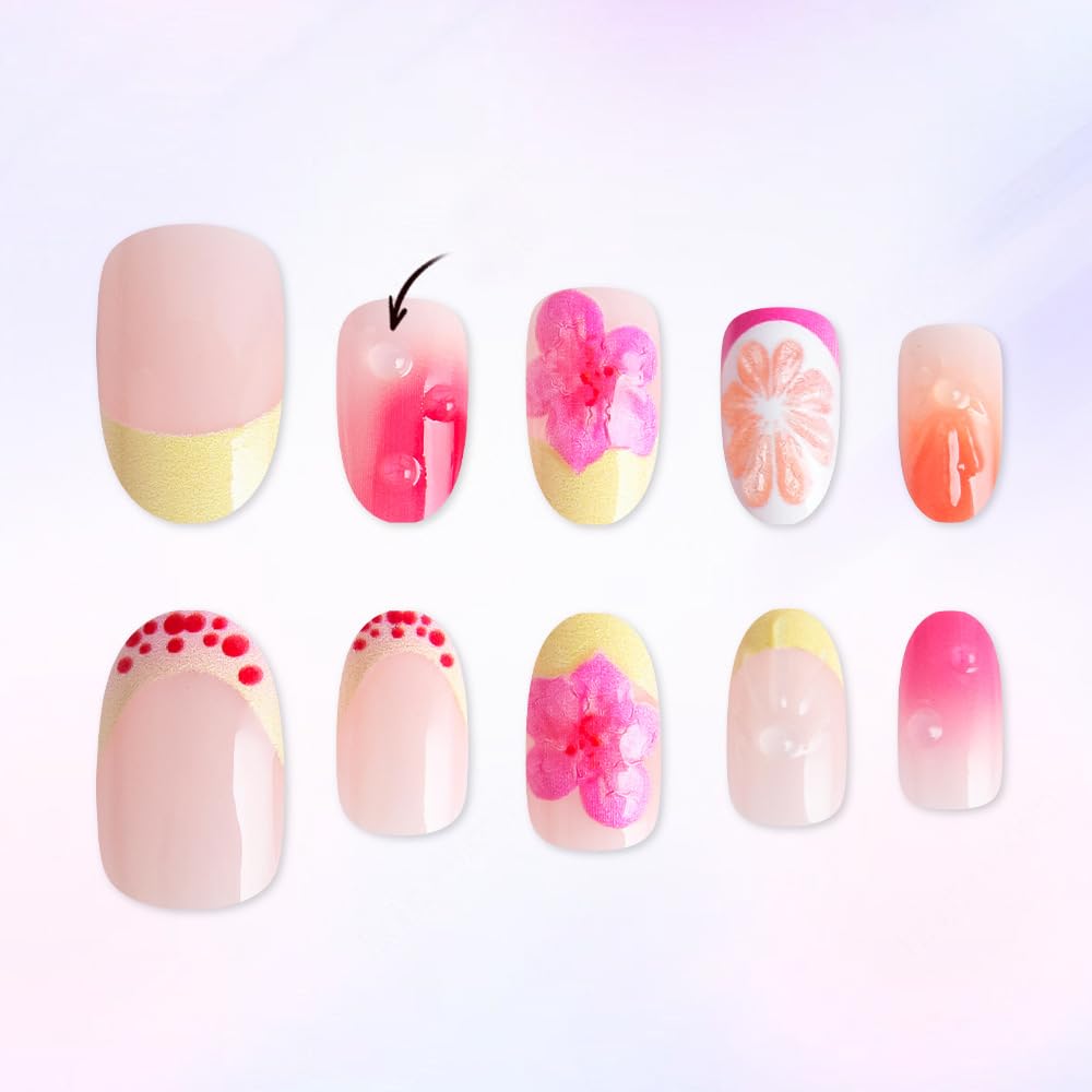 QUNQINLI French Tip Press on Nails Short Oval Fake Nails Press ons Nail Art Tips with 3D Lemon Flowers Design Pink Gradient False Nails Full Cover Nude Glossy Glue on Nails for Women 24 Pcs