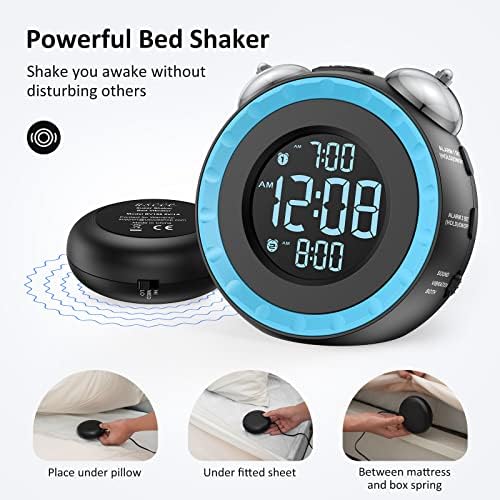 uscce Loud Dual Alarm Clock with Powerful Adjustable Bed Shaker | Easy Alarm Clock with 0-100% Dimmer & Battery Backup - Vibrating Alarm Clock for Heavy Sleepers or Hearing Impaired (Blue)