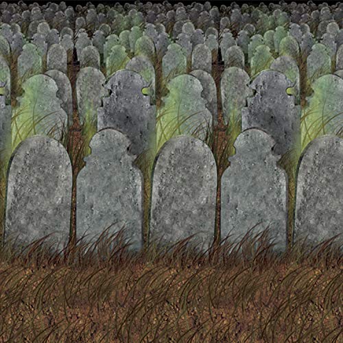 Beistle Graveyard Backdrops – 2 Printed Tombstone Cemetery Plastic Wall Coverings for Halloween Haunted House Party Décor Indoor Spooky Scene Background Display, 4 Ft x 30 Ft Each - style: Graveyard - 2 Piece