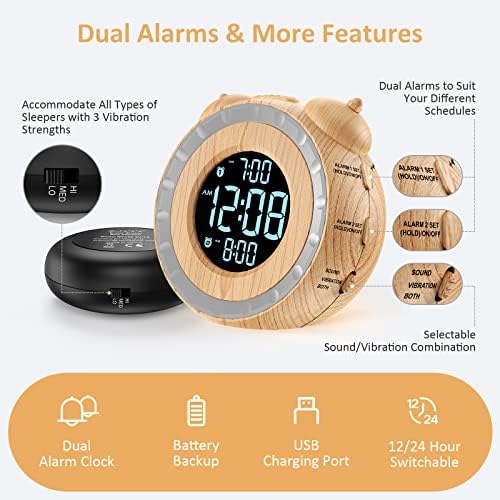 uscce Wood Grain Loud Dual Alarm Clock with Powerful Adjustable Bed Shaker | Vibrating Alarm Clock for Heavy Sleepers or Hearing Impaired - Easy Alarm Clock with 0-100% Dimmable Display & Battery Backup