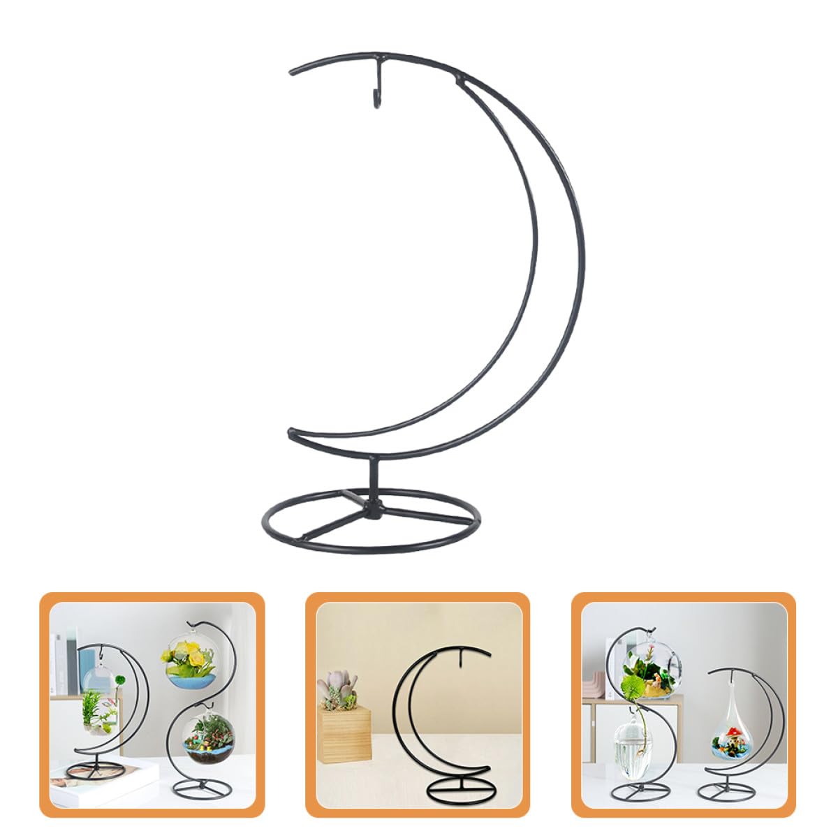 EPIGEIST Moon-shaped Iron Ornament Display Stand for Hanging Terrariums and Plant Pots Compact Desktop Decor Holder with Pendulum Style Contemporary Transparent Globe Display for Home