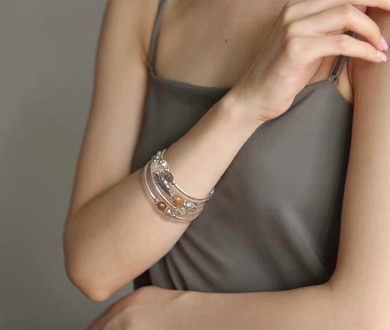 FULU AUTUMN Stackable Beaded Bracelets for Women Boho Wrap Silver Bracelet Layered Fashion Jewelry Gifts for Her(Brown)