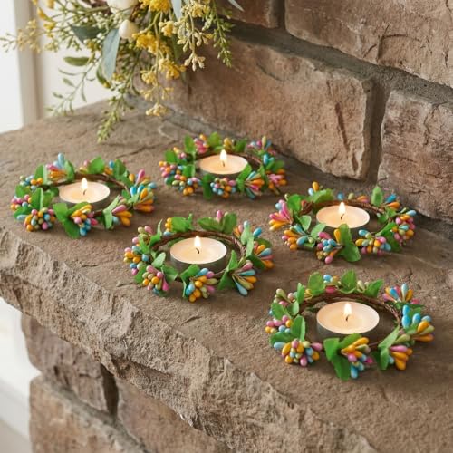 MAGICLULU Easter Candle Rings, 5pcs Artificial Berry Floral Spring Wreaths Decor for Votive Tea Lights, Table Centerpiece, Home Door Window Festival Decoration