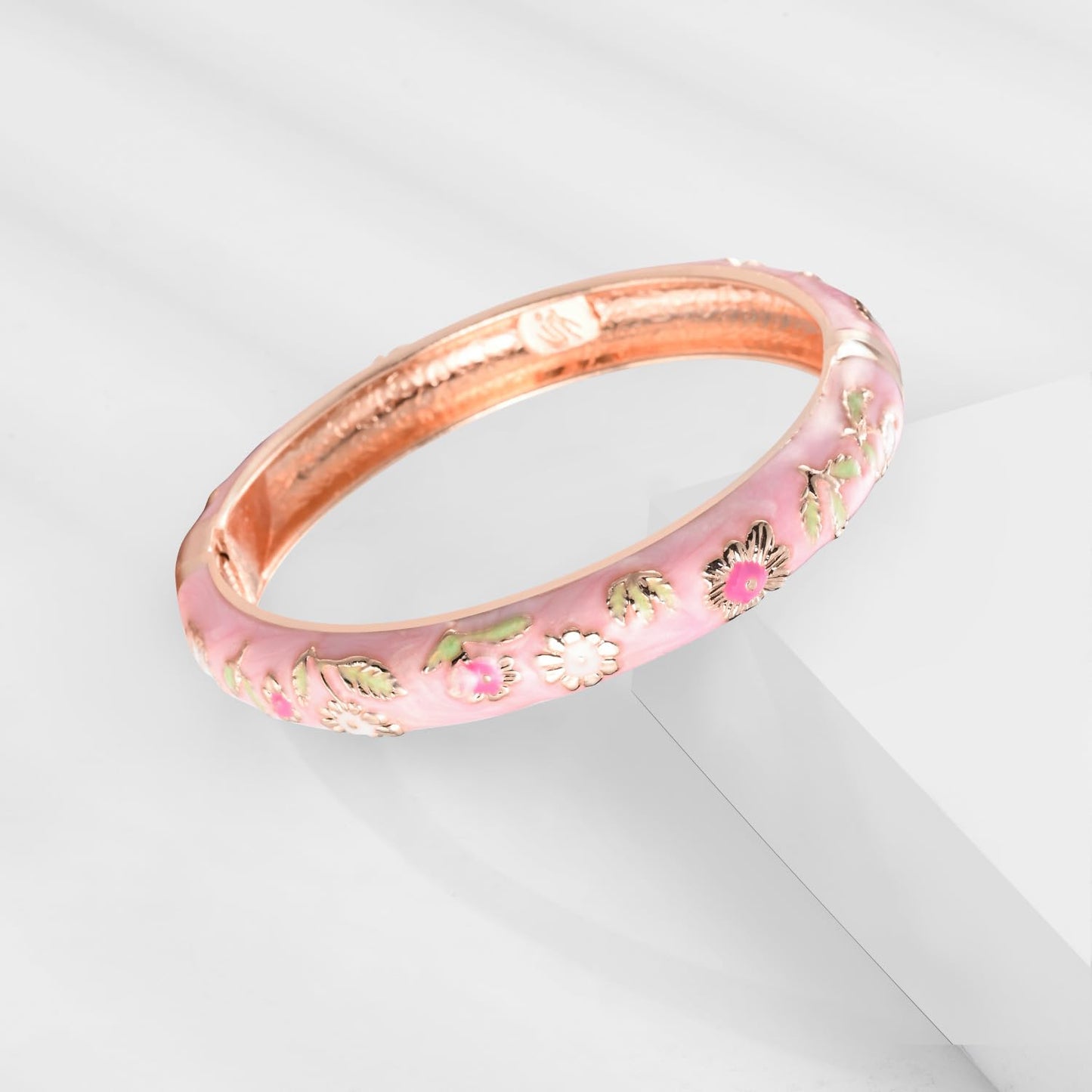 UJOY Gorgeous Bracelets Enameled Floral Cloisonne Gift Plated Cuff Bangles Jewelry Sets Box for Women 55A18-55A114 Pink Green