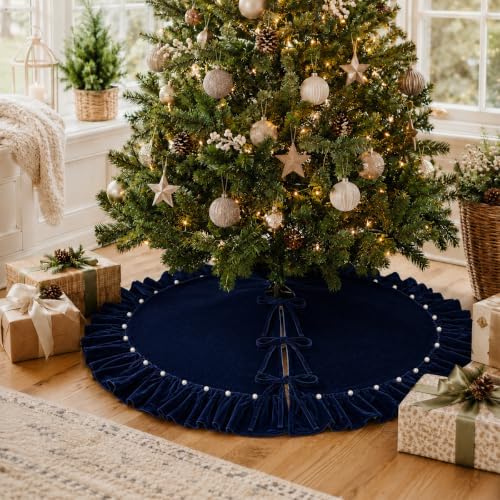Christmas Tree Skirt,Velvet Tree Skirt with Ruffled Edge and Pearls, Classic Large Velvet Fur Plush Tree Skirt for Merry Christmas(Nevy,48Inch)