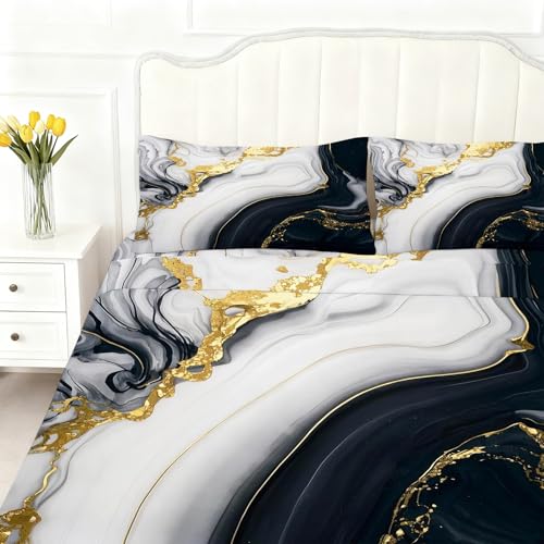 3D Marble Fitted Sheet Set Full Size for Kids Women Men Modern Marble Sheet Sets Soft Microfiber Bed Sheet Black Gold Grayish White Bedspread 1 Fitted Sheet+1 Flat Sheet+2 Pillowcases - color: 3d Marble, size: Full