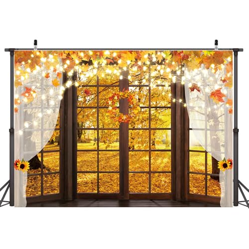 Hilioens 8x6ft Fall Windowsill Backdrops for Photography Autumn Forest Scenery Background for Photoshoot Maple Leaf Natural Scenery Banner Decoration Party Supplies Photo Studio Booth Props - size: 8x6ft