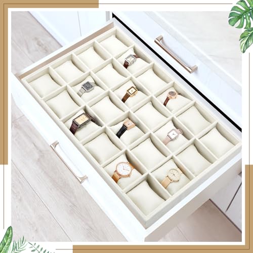 Henoyso 2 Pieces 24 Grid Velvet Watch Tray Jewelry Organizer Stackable Watch Bracelet Bangle Display Holder Adjustable Pillow(Beige) - color: Beige, size: 24 Grid