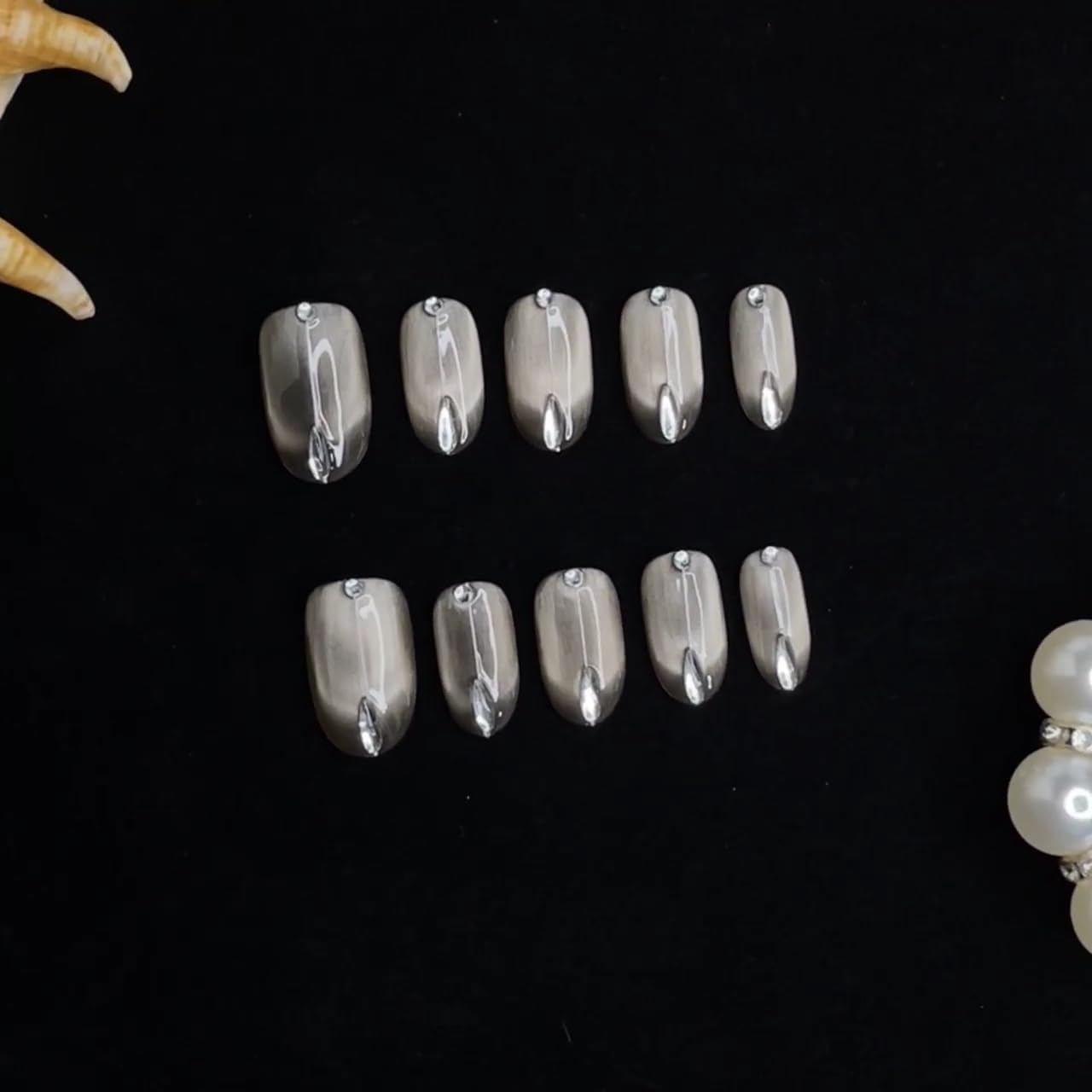 Fake Nails Short Chrome, Press on Nails, Matte Silver Gray Metallic with Transparent Drop & Round Gems, Elegant Oval Shape for Women & Girls (S)
