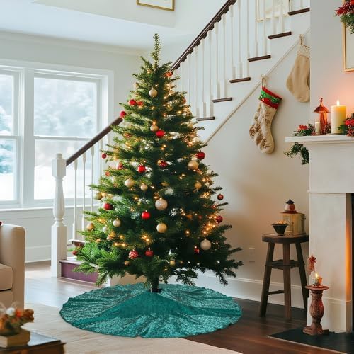 Poise3EHome Teal Christmas Tree Skirt, 70 Inch Sequin Tree Skirt