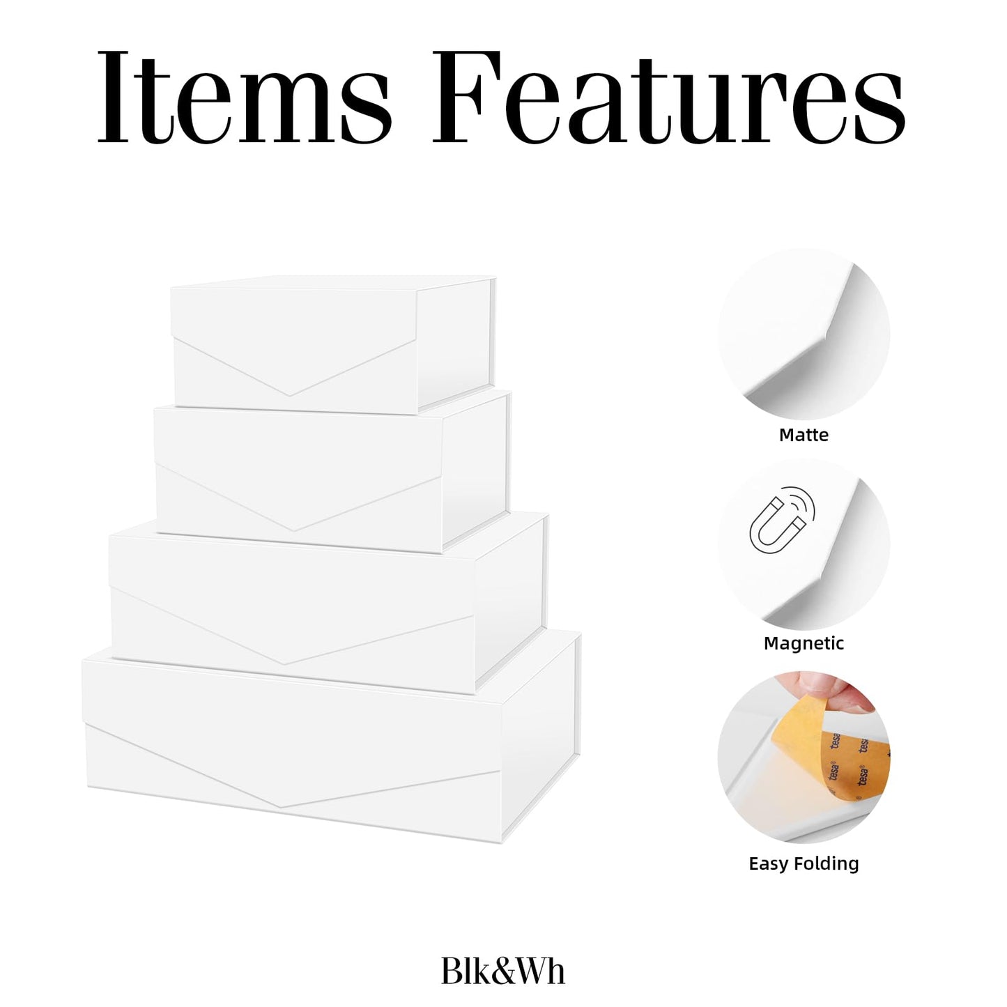 BLK&WH Magnetic Gift Boxes with Lids, Set of 4 White Presents Boxes Assorted Sizes for Birthday, Wedding, Valentines, Christmas, Party, Baby Showers (Matte White)