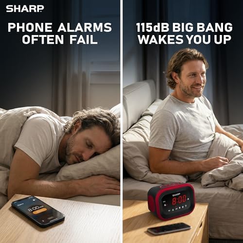 Sharp Big Bang 115dB Alarm Clock for Heavy Sleepers, Dual Alarms | 6 wake sounds; Large red LED display; Adjustable dimmer; Battery backup; Extra-loud 115dB alarm; Dual alarm settings