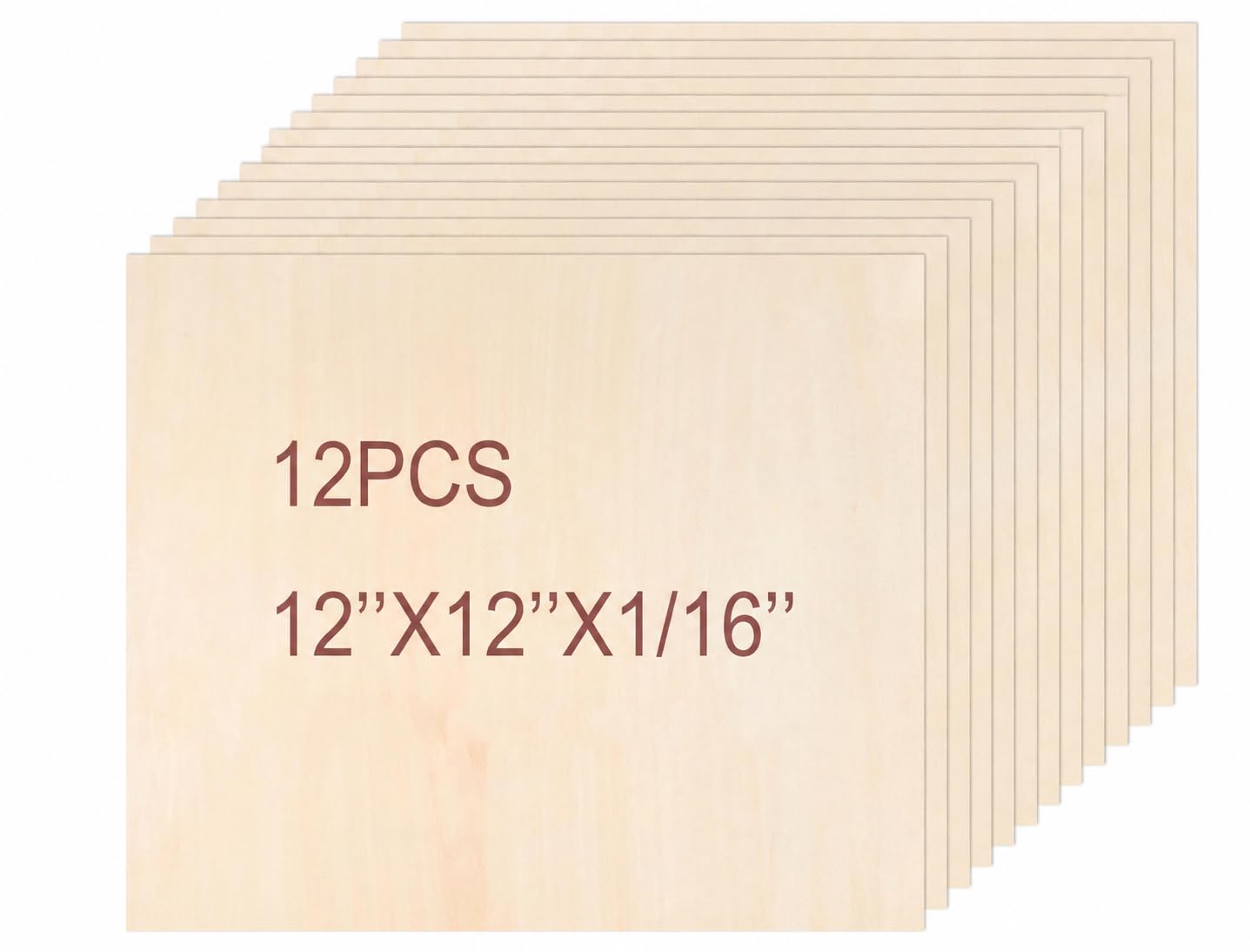 Plywood Sheets, 12 Pack, 12"x12"x1/16, Natural Wood, Craft Project Boards (1.6mm)