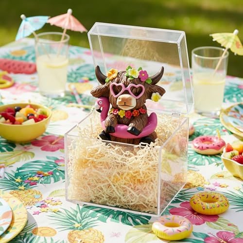 Gejoy Flamingos Highland Cow Miniature Tree Topper, 5.1 Inch Summer Beach Mini Highland Cow Tree Topper Decorations, Resin Cattle Figurine for Home Rustic Farmhouse Table Decor, Summer Gift Ideas