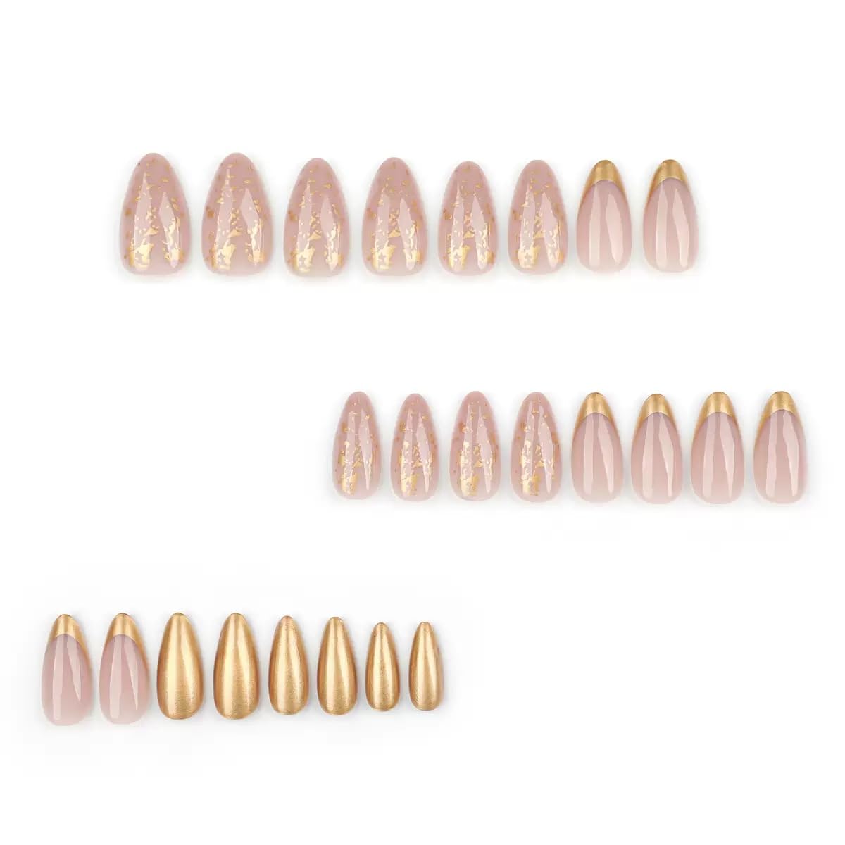 CTTHNBD Press on Nails Almond - Gold French Tip Fake Nails with Glitter Design - Medium Stick on False Nails - for Women - 24 Pcs