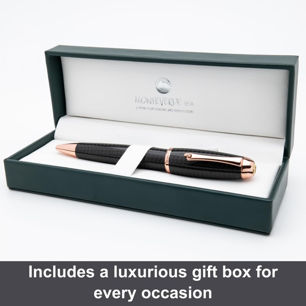 Monteverde USA Super Mega Carbon Fiber Ballpoint Pen - 18K Rose Gold Plated Trim - Luxurious Carbon Fiber Pen - Refillable Parker-Style - Durable and Elegant