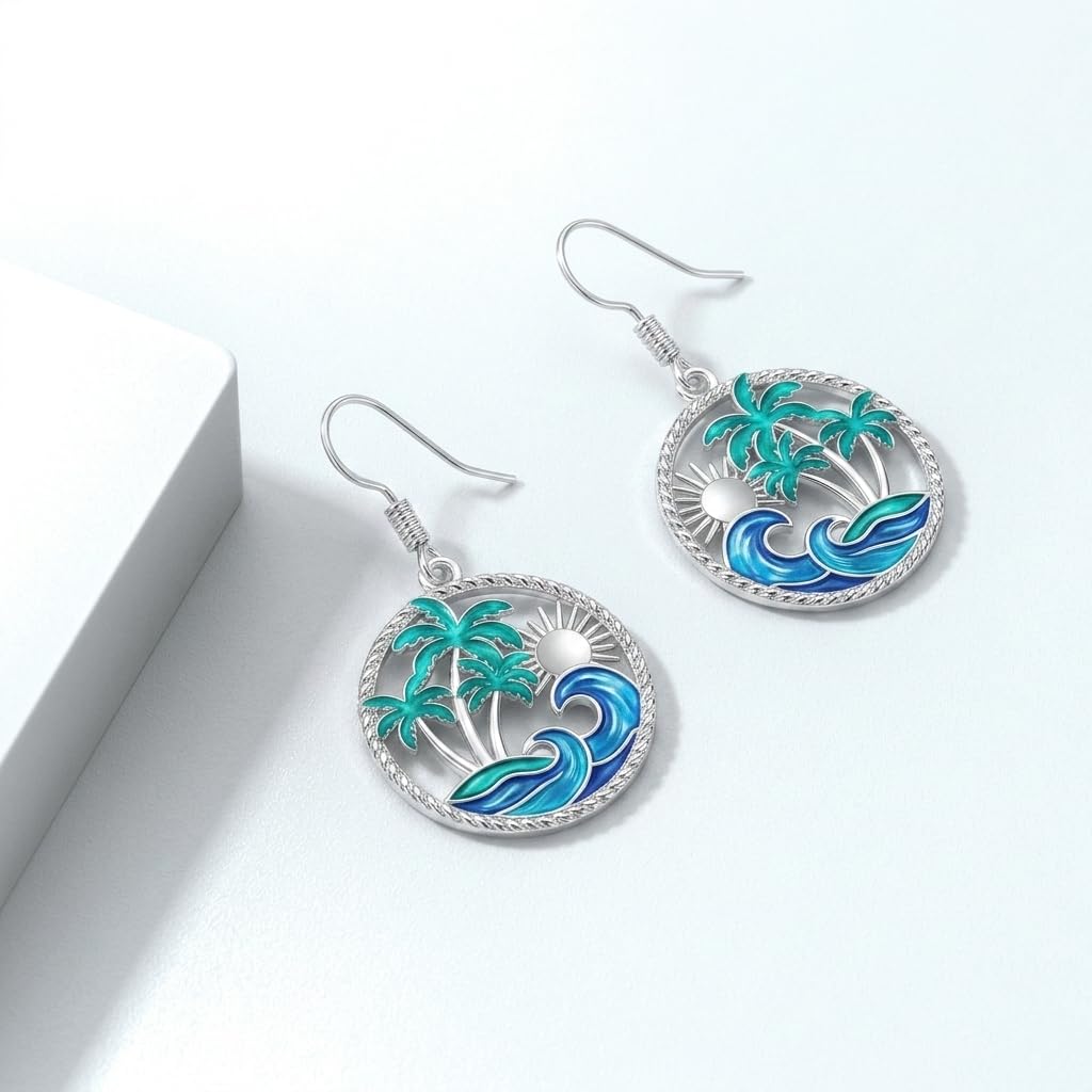PROESS Palm Tree Earrings 925 Sterling Silver Ocean Wave Earrings Beach Jewelry Gift For Women Mother's Day