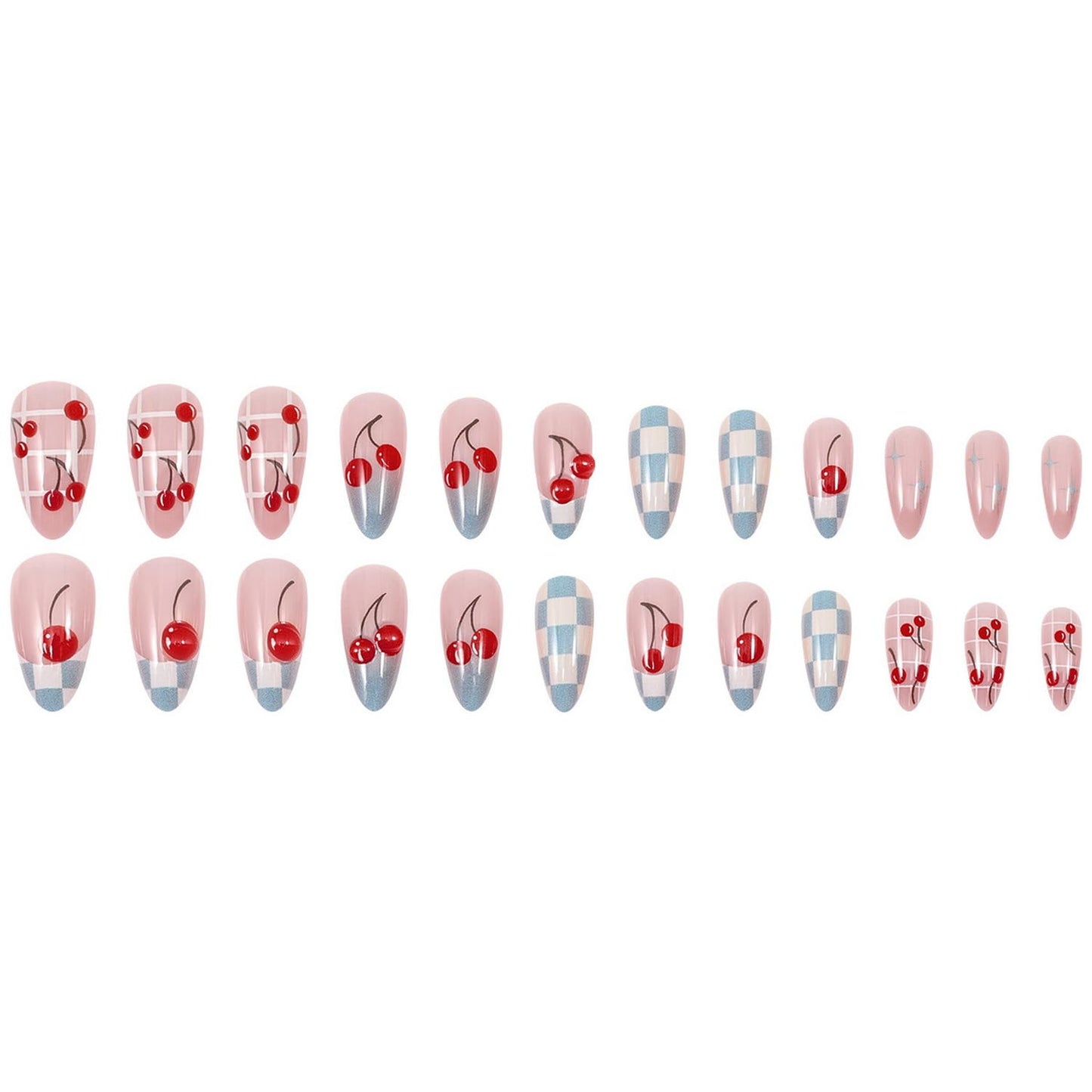 24pcs Cherry Press on Nail Almond Shape Fake Nails with Grid designs Blue Stick on Nail Full Cover French Tip Medium Press ones Cute Summer False Nails for Women Manicure Decor
